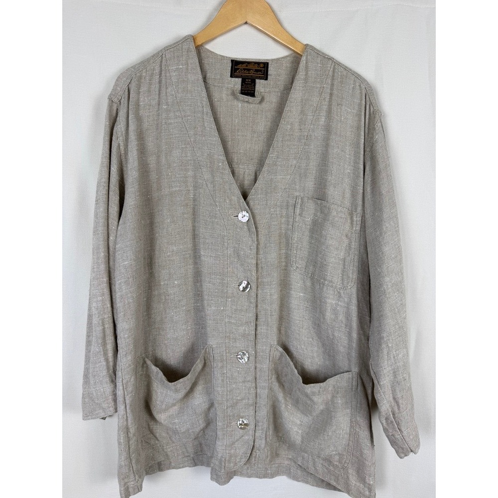 Eddie Bauer Linen Cardigan Sweater Womens Medium Petite Beige Lagenlook K816